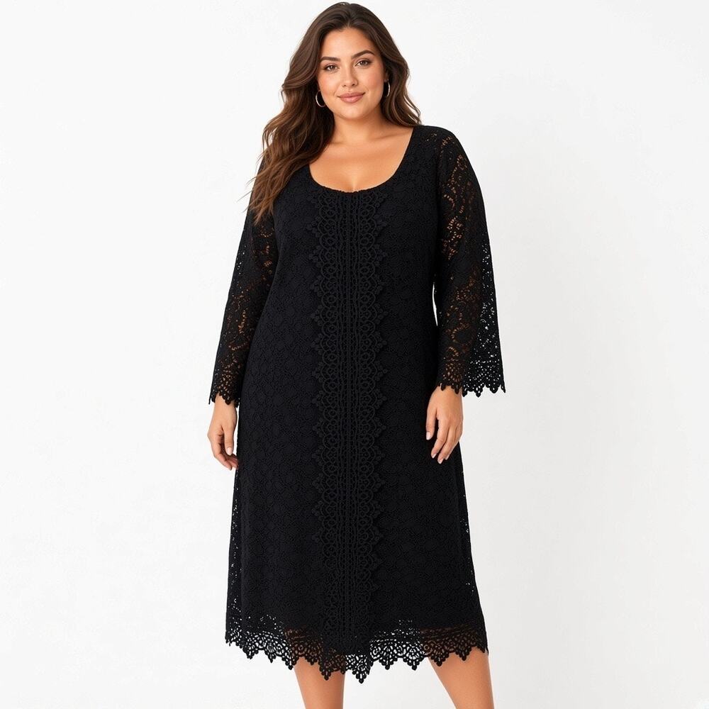 Alfani Women 2X Black Lace Crochet Long Sleeve Midi Dress Whimsigoth Office